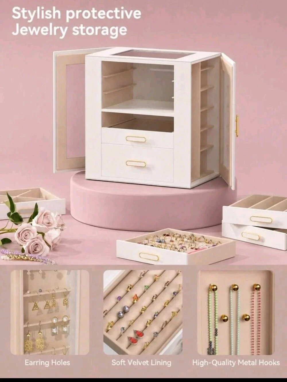 White Jewelry Storage Box with Mirrors - Elegant Multi-Drawer Organizer